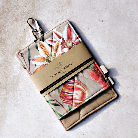 Extra Large Pot Holders - Set 2 | Taupe & Floral